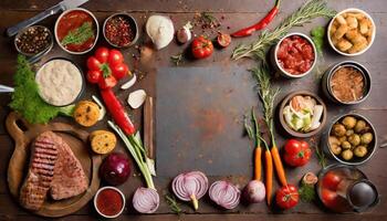 Barbecue menu. Grilled meat and vegetables on rustic wooden table photo