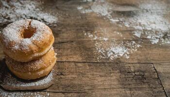 Copy Space image of Donuts with powdered sugar on wooden table on black background photo