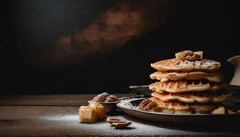 Copy Space image of Belgian waffles with berries on slate plate on dark wooden background. photo