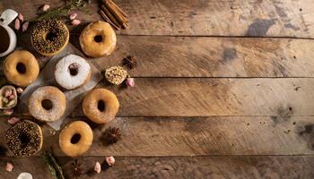 Copy Space image of Variety of donuts over a rustic background shot from overhead photo