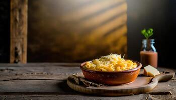 Copy Space image of Mac and cheese american macaroni pasta with cheesy Cheddar sauce with landscape view photo