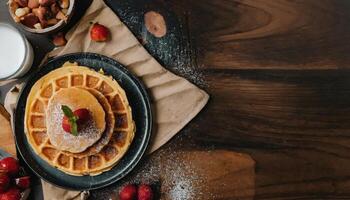 Copy Space image of Belgian waffles with berries on slate plate on dark wooden background. photo