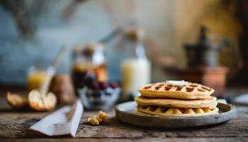 Copy Space image of Delicious viennese waffles with maple syrup drizzle and blackberry on dark brown wood background. photo