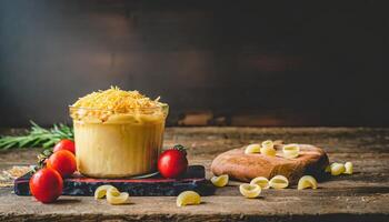 Copy Space image of Mac and cheese american macaroni pasta with cheesy Cheddar sauce with landscape view photo