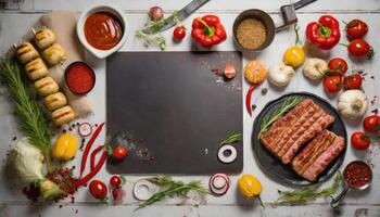 Barbecue menu. Grilled meat and vegetables on rustic wooden table photo