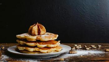 Copy Space image of Belgian waffles with berries on slate plate on dark wooden background. photo