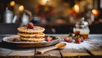 Copy Space image of Delicious viennese waffles with maple syrup drizzle and blackberry on dark brown wood background. photo