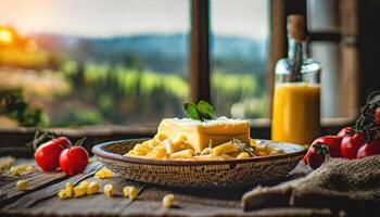 Copy Space image of Mac and cheese american macaroni pasta with cheesy Cheddar sauce with landscape view photo