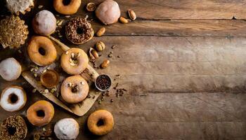 Copy Space image of Variety of donuts over a rustic background shot from overhead photo