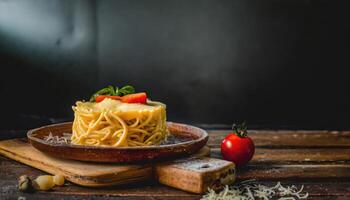 Copy Space image of Mac and cheese american macaroni pasta with cheesy Cheddar sauce with landscape view photo