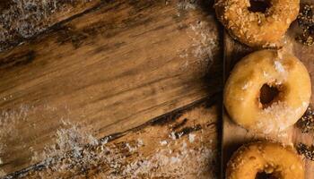 Copy Space image of Donuts with powdered sugar on wooden table on black background photo