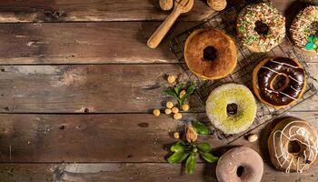 Copy Space image of Variety of donuts over a rustic background shot from overhead photo