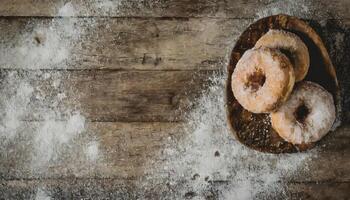 Copy Space image of Donuts with powdered sugar on wooden table on black background photo