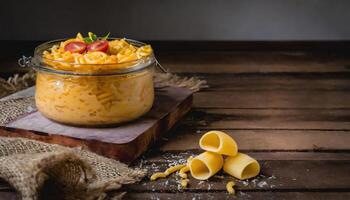 Copy Space image of Mac and cheese american macaroni pasta with cheesy Cheddar sauce with landscape view photo