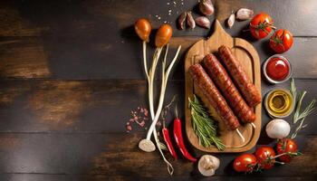 Barbecue menu. Grilled meat and vegetables on rustic wooden table photo