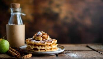 Copy Space image of Delicious viennese waffles with maple syrup drizzle and blackberry on dark brown wood background. photo