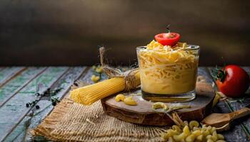 Copy Space image of Mac and cheese american macaroni pasta with cheesy Cheddar sauce with landscape view photo