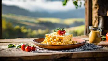 Copy Space image of Mac and cheese american macaroni pasta with cheesy Cheddar sauce with landscape view photo