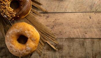 Copy Space image of Donuts with powdered sugar on wooden table on black background photo
