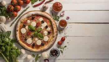 Copy Space image of Delicious pizza margarita with mozzarella on dark wooden photo