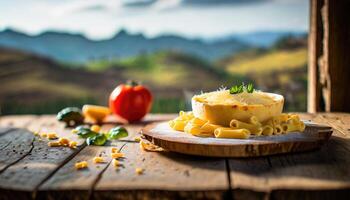 Copy Space image of Mac and cheese american macaroni pasta with cheesy Cheddar sauce with landscape view photo