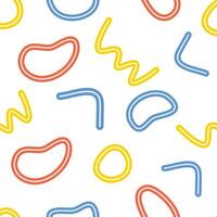 Fun colorful line doodle seamless pattern on white background. Creative minimalist style art background for children or trendy design with basic shapes. vector