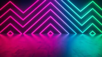 Neon lines in a zigzag pattern on a dark background purple and green spotlights creating a vibrant contrast photo