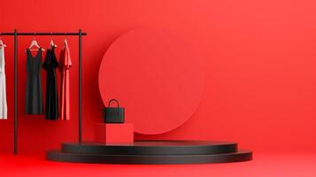 3D podium on a gradient background with Black Friday fashion theme adorned with clothing racks accessories and discount signs black to red gradient photo