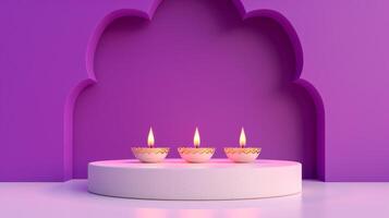 3D podium on a gradient background with Diwali night theme highlighted with lit diyas decorative lamps and traditional patterns purple to gold gradient photo