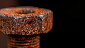 Macro of corroded iron bolt with detailed rust patterns and rich earthy colors photo