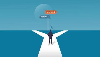 A businessman in doubt, having to choose between two different choices indicated by path pointing in opposite direction vector