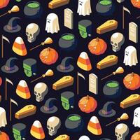 Colorful Isometric pattern of Halloween isometric icons on dark background vector