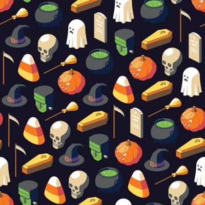 Colorful Isometric pattern of Halloween isometric icons on dark background