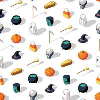 Colorful seamless pattern of isometric Halloween related things with shadow on transparent background vector