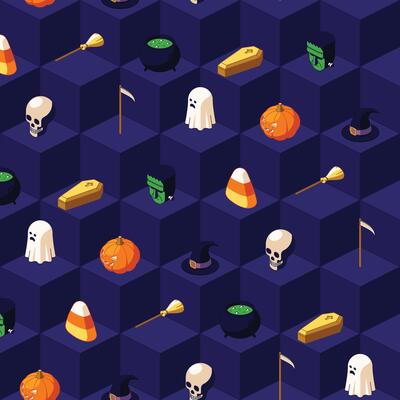 Colored halloween icons isometric pattern on dark blue geometric background