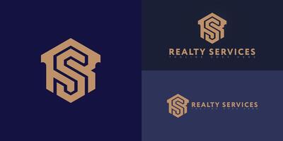 Abstract hexagon initial letter RS or SR in gold color isolated on multiple background colors. The logo is suitable for property management company logo design inspiration templates. vector