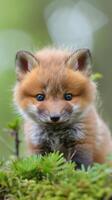 A baby fox with blue eyes peers through greenery photo