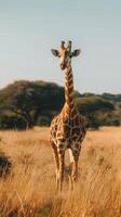 A giraffe stands in a tall grassy field, looking directly at the camera photo