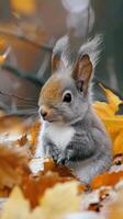 A young squirrel sits amongst colorful leaves in a forest photo