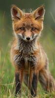 A young fox stands in a field of green grass photo
