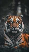 A tiger calmly watches from the shadows of a lush jungle photo