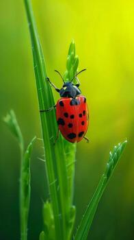 un mariquita descansa en un verde espada de césped foto
