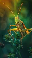 A vibrant green grasshopper sits on a branch, bathed in warm sunlight photo