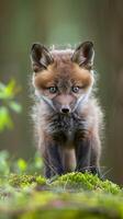 A red fox kit stands on moss, looking directly at the camera photo