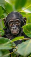 A young bonobo looks directly at the camera from behind leafy branches photo