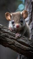 A tiny possum clings to a tree branch photo