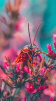 A colorful beetle rests on pink flower buds photo