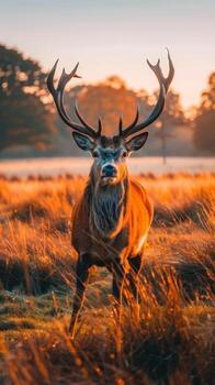 A red deer buck stands in a field of tall grass photo