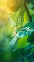 A delicate green lacewing insect rests on a leaf bathed in warm sunlight photo