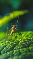 Mosquito rests on a green leaf, bathed in sunlight photo